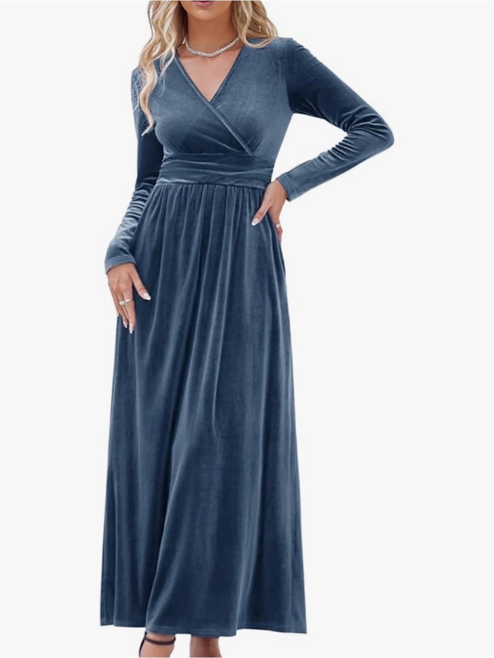 NWT Ouges Womens Long Sleeve V-Neck Wrap Waist Velvet Maxi Dress Size M Blue